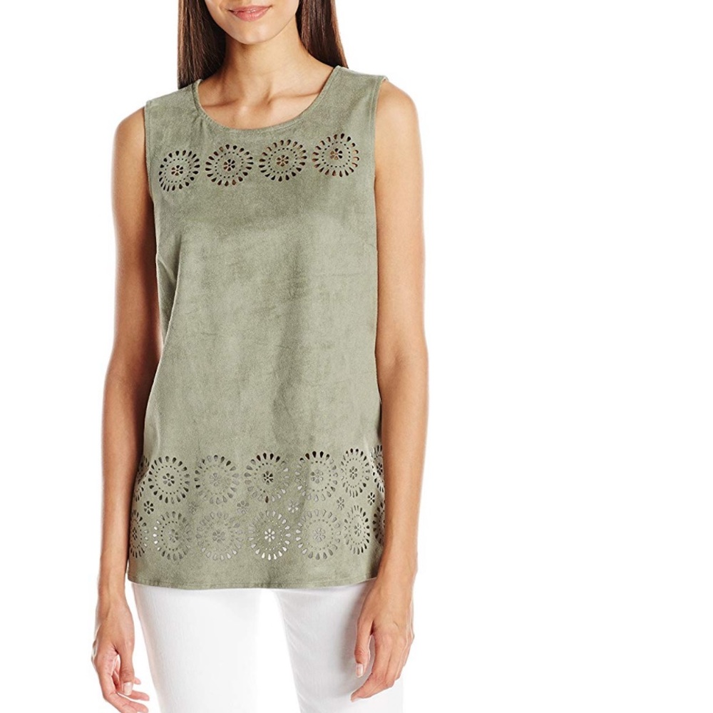 Vince Camuto Sage Green Sleeveless Laser Cut Eyelet Faux Suede Shell Top